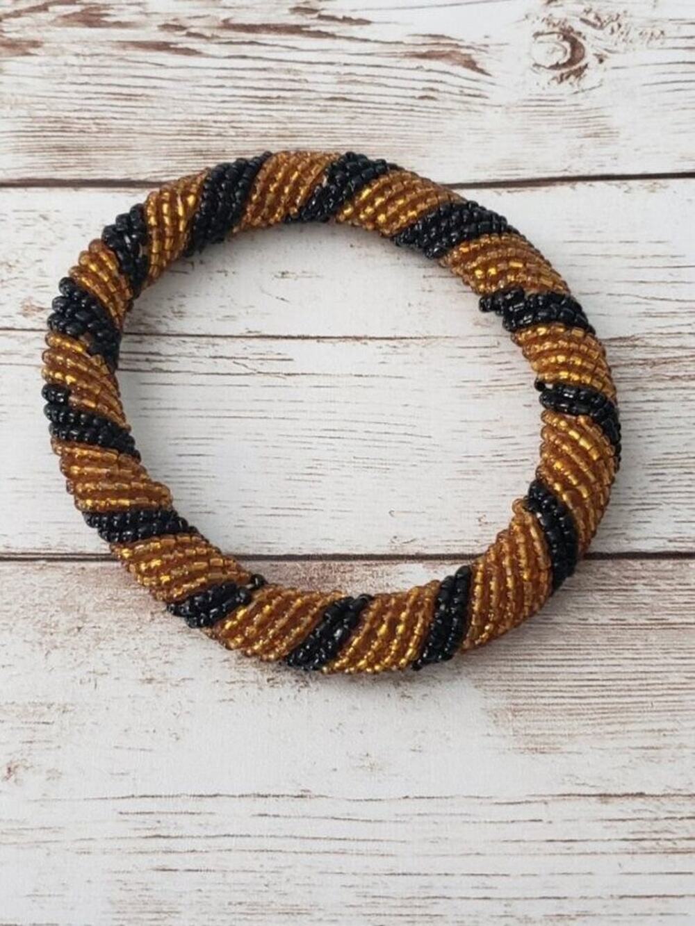 Vintage Bracelet / Bangle - Black & Amber Tone Beaded Bracelet